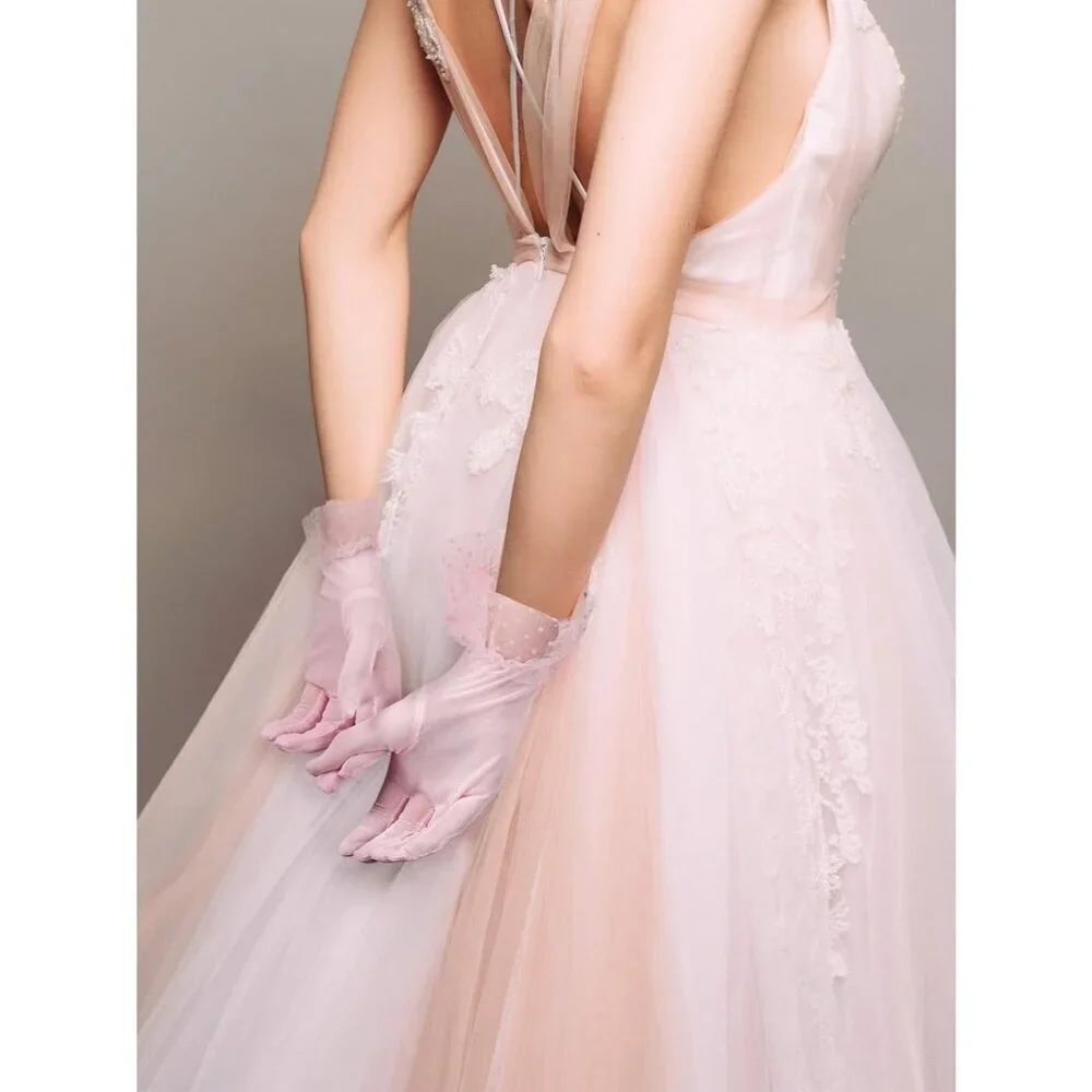 Women's Short Pink Bow Lace Gloves Tea Party Elegant Opera Wedding Accessories